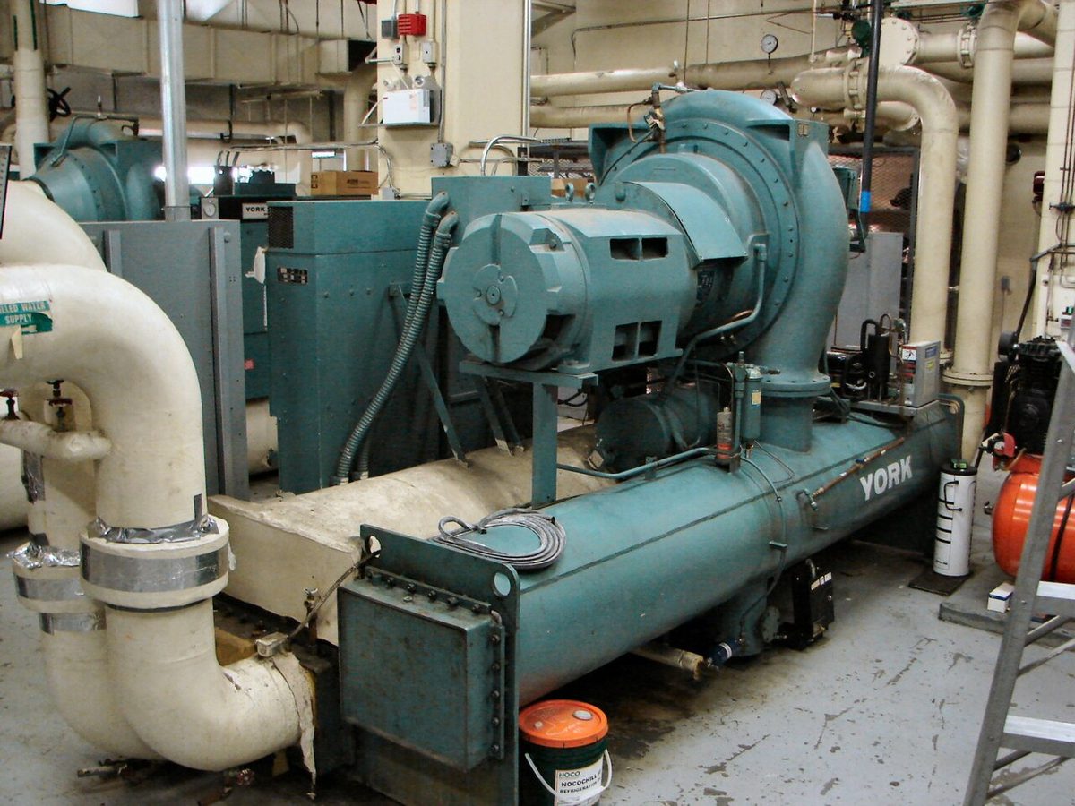 A York centrifugal water-cooled chiller in a plant room. A newer model, not the one in the story.