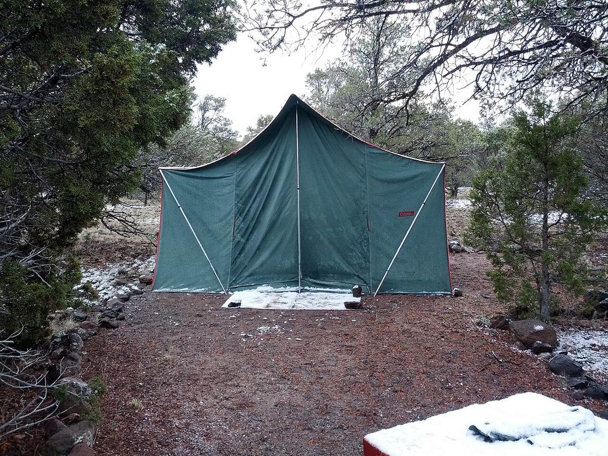 A Coleman Oasis canvas tent pitched at a campsite at Quemado Lake, New Mexico. Not the tent in the story.