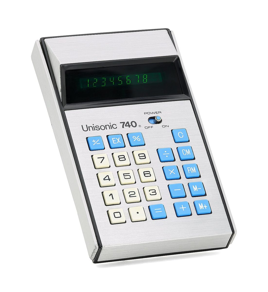 A Unisonic 740 calculator with a green fluorescent display, a close cousin of the 749. Not the one in the story.