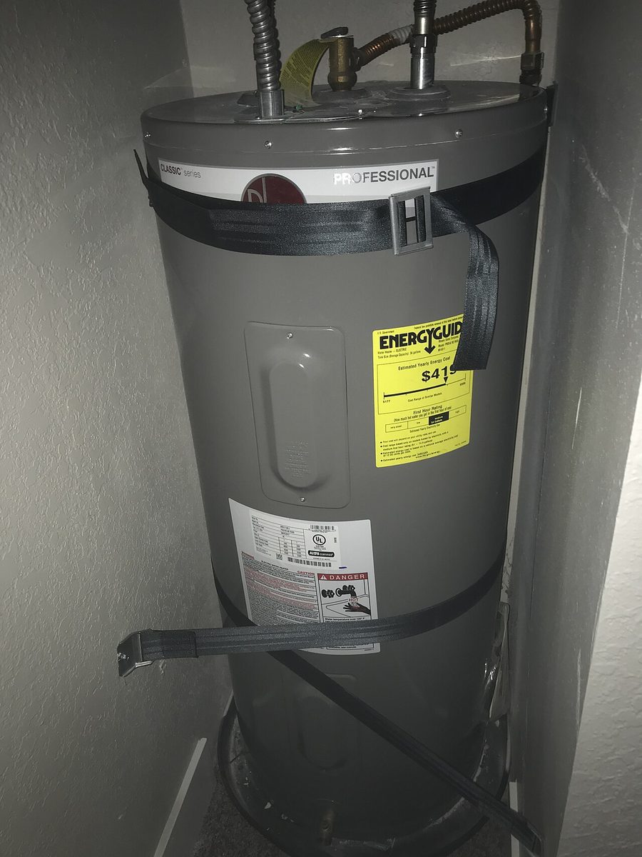 A Rheem electric water heater, much newer than the one in the story.